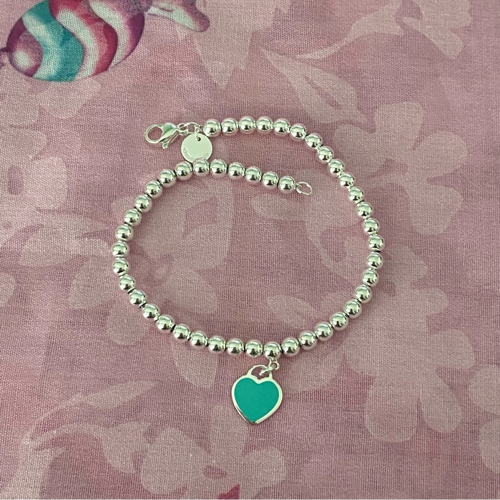 Tiffany Blue Heart Tag Bead Bracelet in Silver